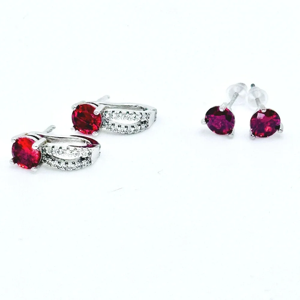 Vintage Silver Tone Red Stone Earrings Set Stud & Huggie Style‎ Crystal Sparkle